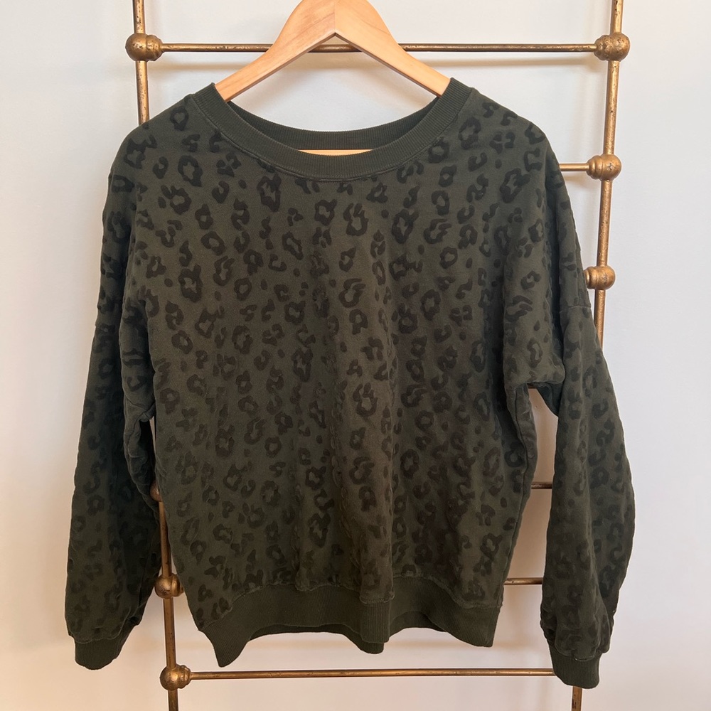 Z Supply animal print, green crew neck sweatshirt.